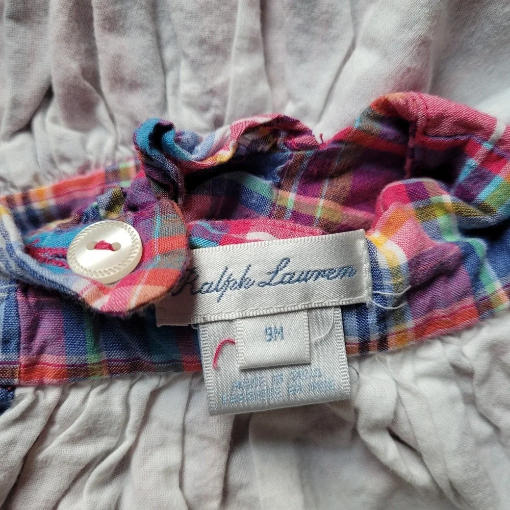 VTG Ralph Lauren Baby Girl Plaid Ruffle Dress Size 9 Month Pink/Blue Cottagecore